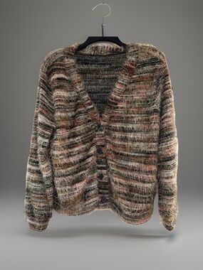 Womens S Fuzzy Eyelash Knit Cardigan Sweater Multicolor Striped Button Up Cozy